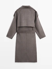 Long wool blend trench coat with belt