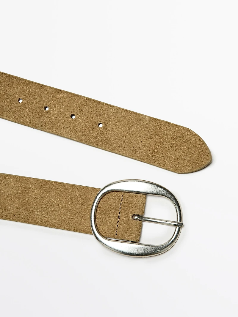 Split suede leather belt with oval buckle