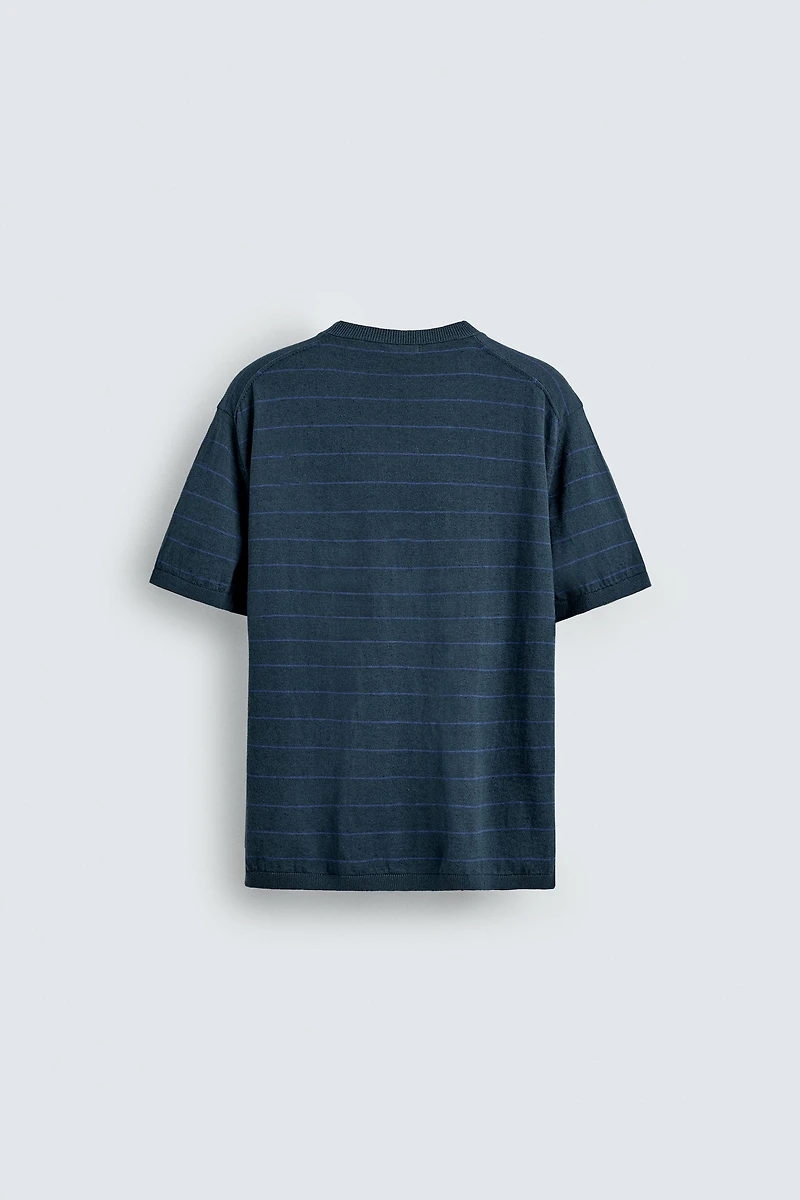 STRIPED COTTON LINEN BLEND KNIT T-SHIRT