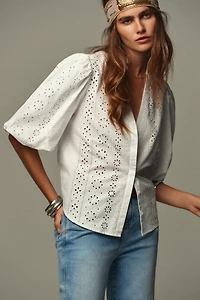 PUFF SLEEVE SHIRT WITH PERFORATED EMBROIDERY