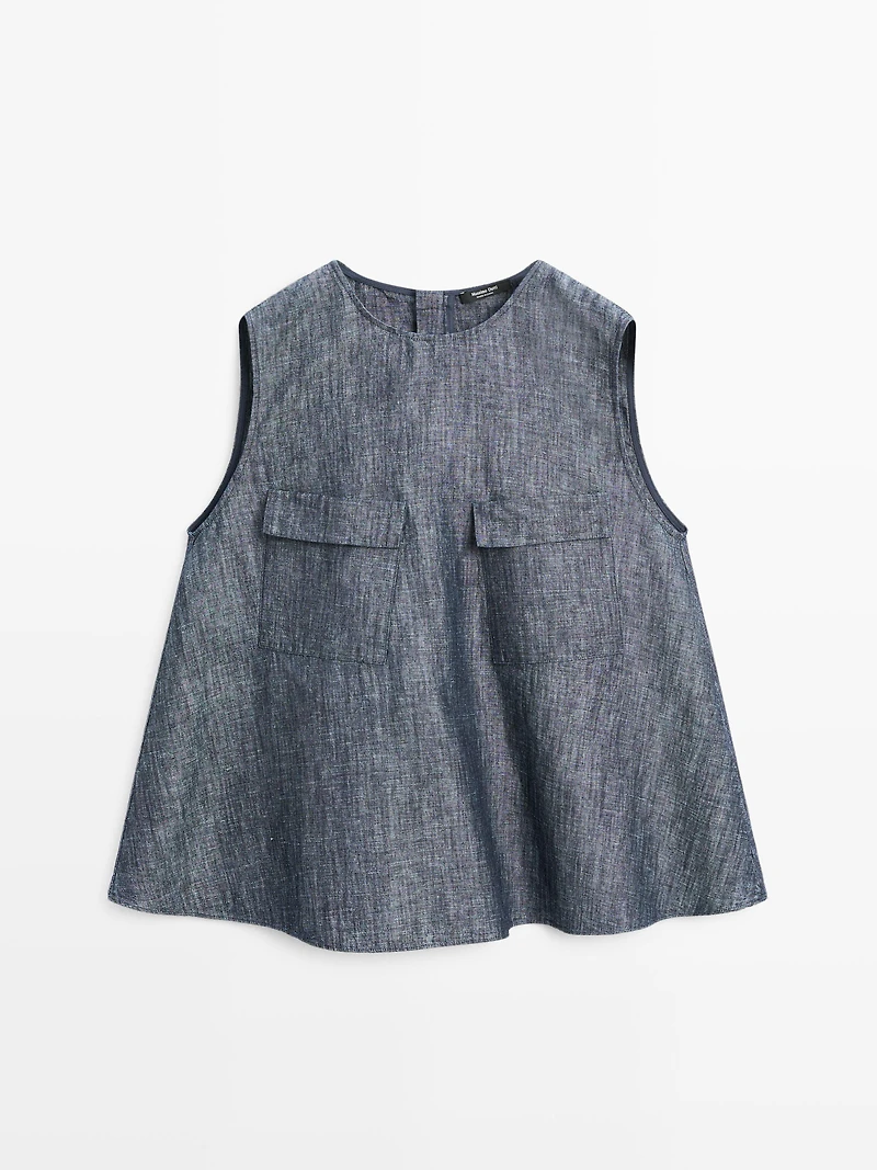 Cotton and linen denim blouse with pockets