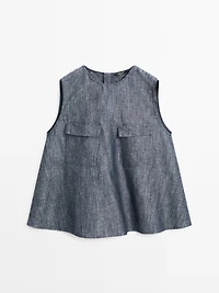 Cotton and linen denim blouse with pockets