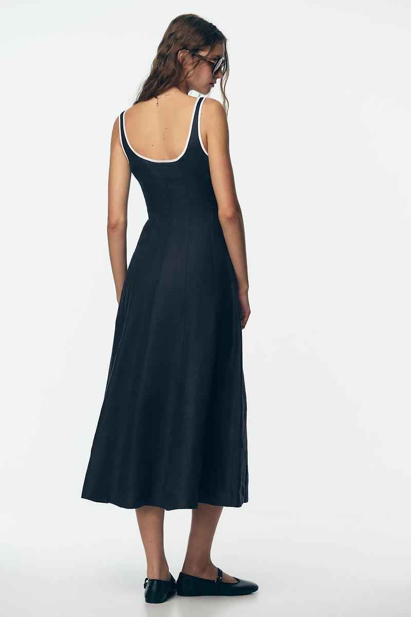 CONTRAST PIPING LINEN MIDI DRESS