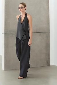 Cotton blend wide-leg pleated trousers