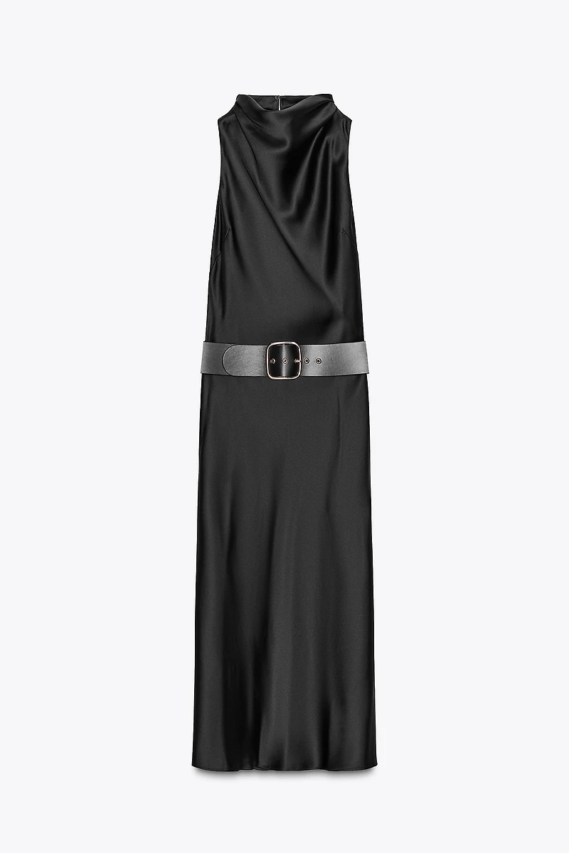 BELTED SATIN MIDI DRESS