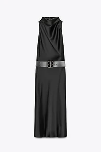 BELTED SATIN MIDI DRESS