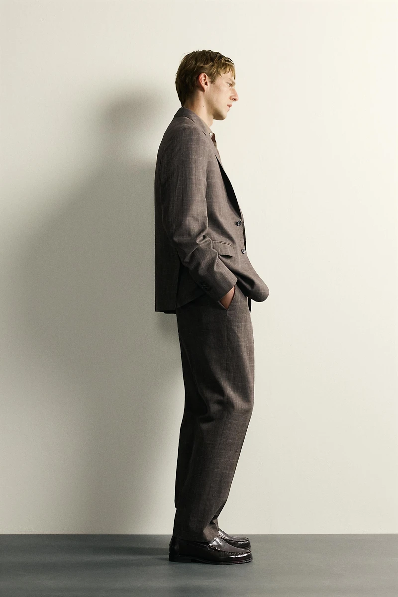 LINEN AND WOOL CHECK SUIT PANTS