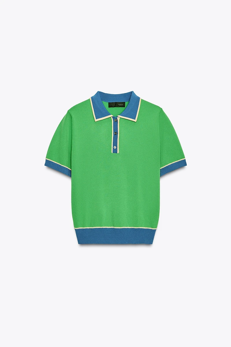 CONTRAST KNIT SHORT SLEEVE POLO TOP