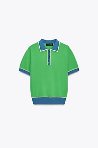 CONTRAST KNIT SHORT SLEEVE POLO TOP