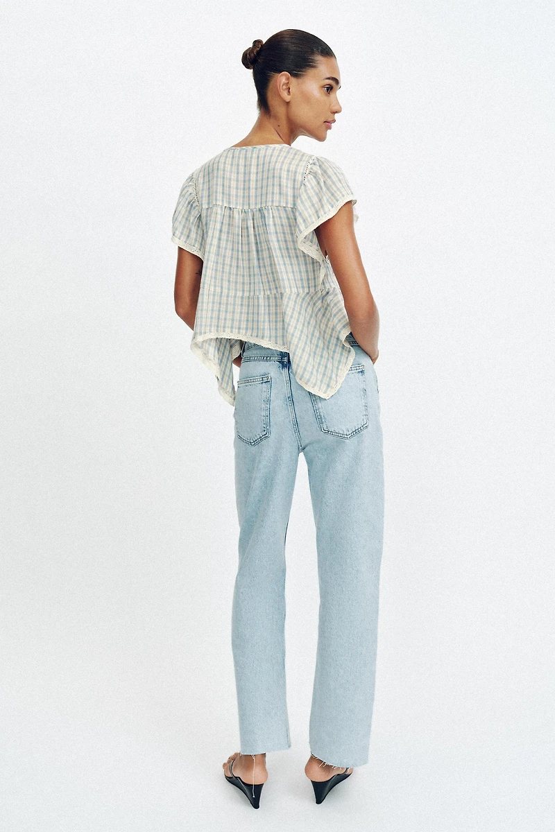 EMBROIDERED PLAID LACE INSERT TOP