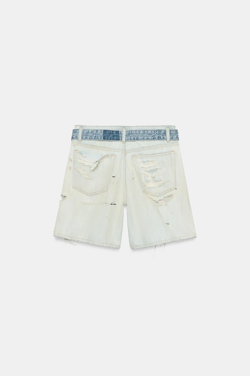 TRF MID-RISE RIPPED DENIM BERMUDA SHORTS WITH BELT