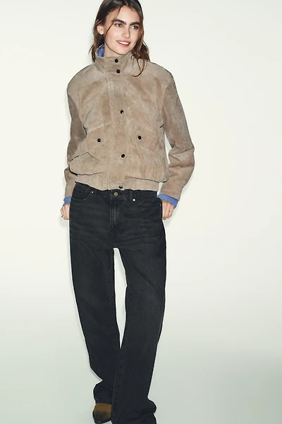 100% SUEDE LEATHER HIGH COLLAR JACKET
