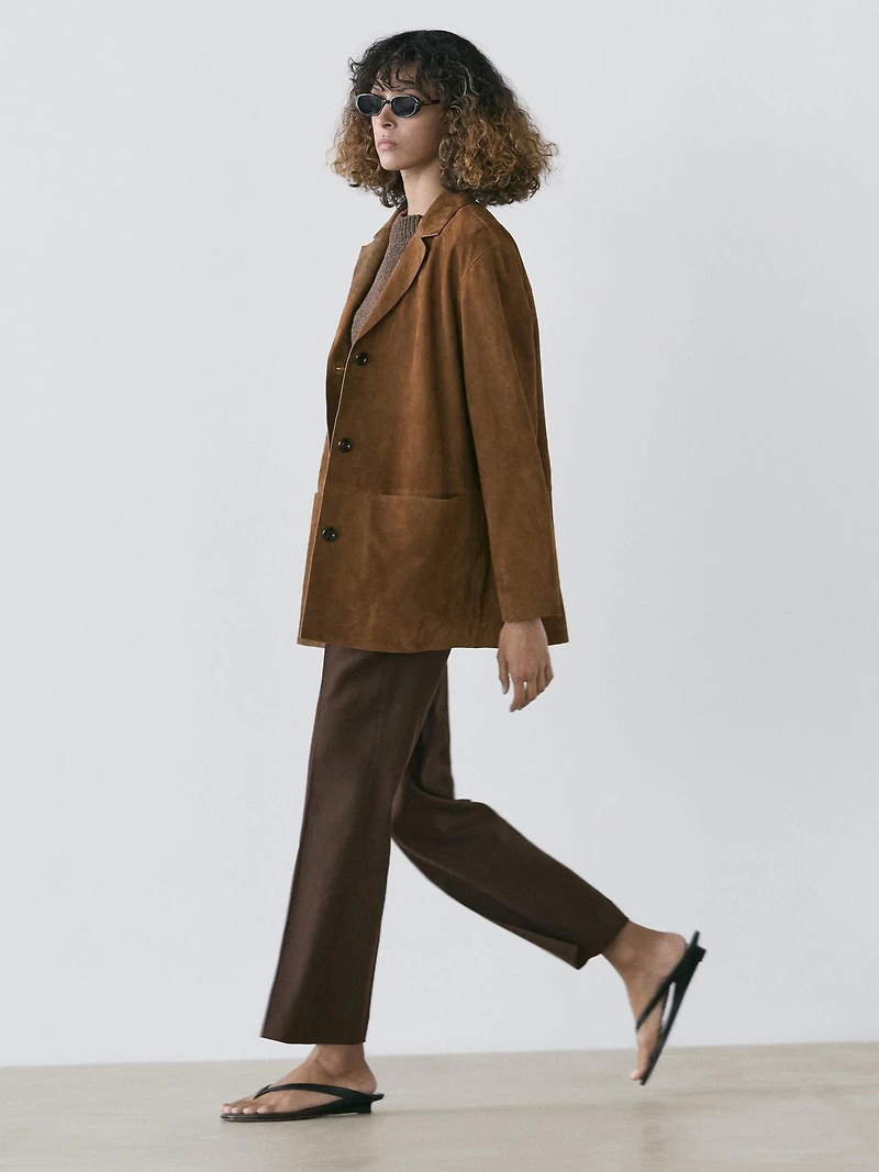 Blazer col à revers 100% cuir finition daim