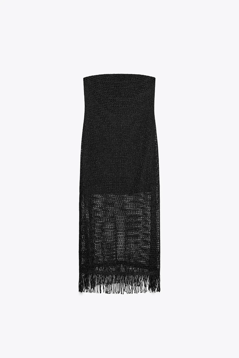 FRINGED STRAPLESS MIDI DRESS