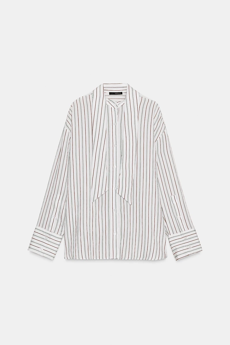 FLOWY STRIPED SCARF SHIRT