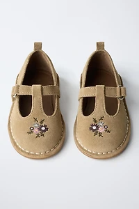 EMBROIDERED LEATHER T-STRAP BALLERINA