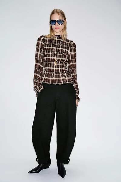 SMOCKED PLAID SHIRT