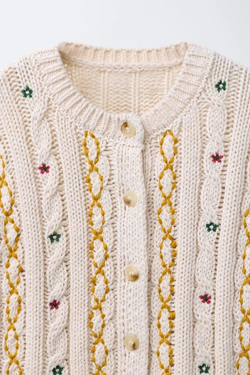 EMBROIDERED CABLE KNIT CARDIGAN