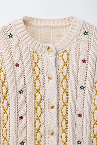 EMBROIDERED CABLE KNIT CARDIGAN