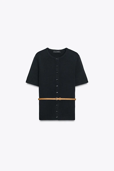 BELTED SHORT SLEEVE KNIT CARDIGAN