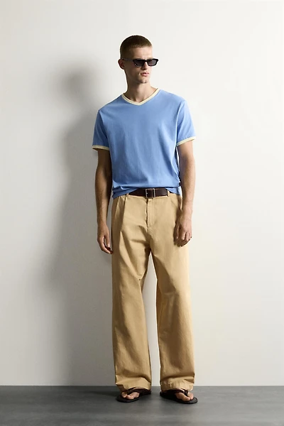RINGER CONTRAST V-NECK RIBBED T-SHIRT
