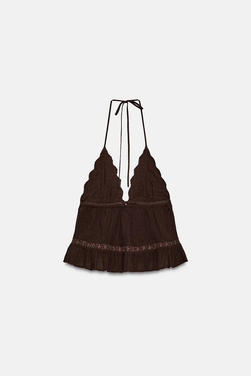 EMBROIDERED GAUZE HALTER TOP