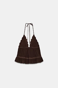 EMBROIDERED GAUZE HALTER TOP
