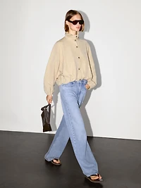 High neck linen blend bomber jacket