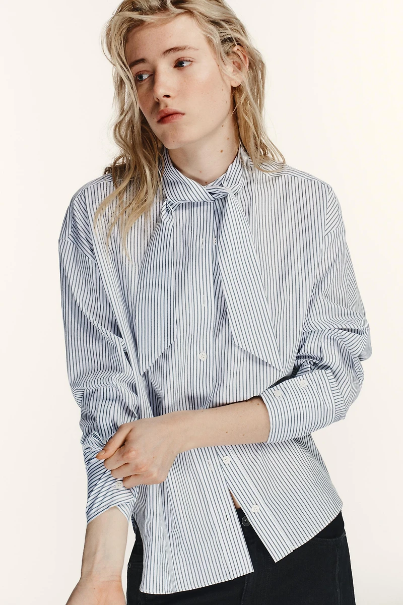 STRIPED POPLIN SHIRT WITH SCARF DETAIL