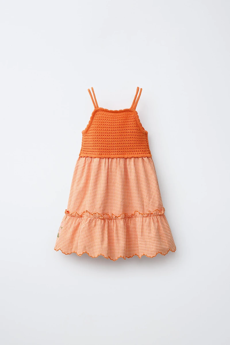 COMBINATION KNIT DRESS WITH EMBROIDERED GINGHAM FLOWERS