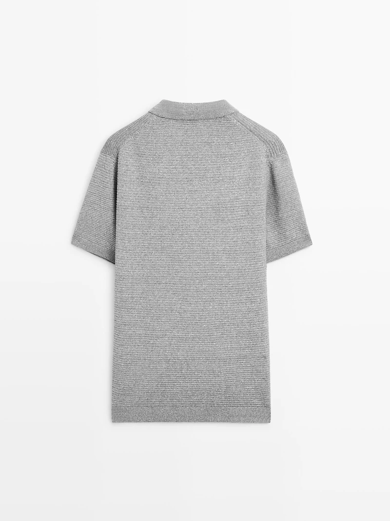 Linen and cotton blend knit polo shirt with short sleeves
