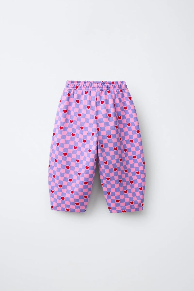PLAID AND HEART PRINT BARREL PANTS