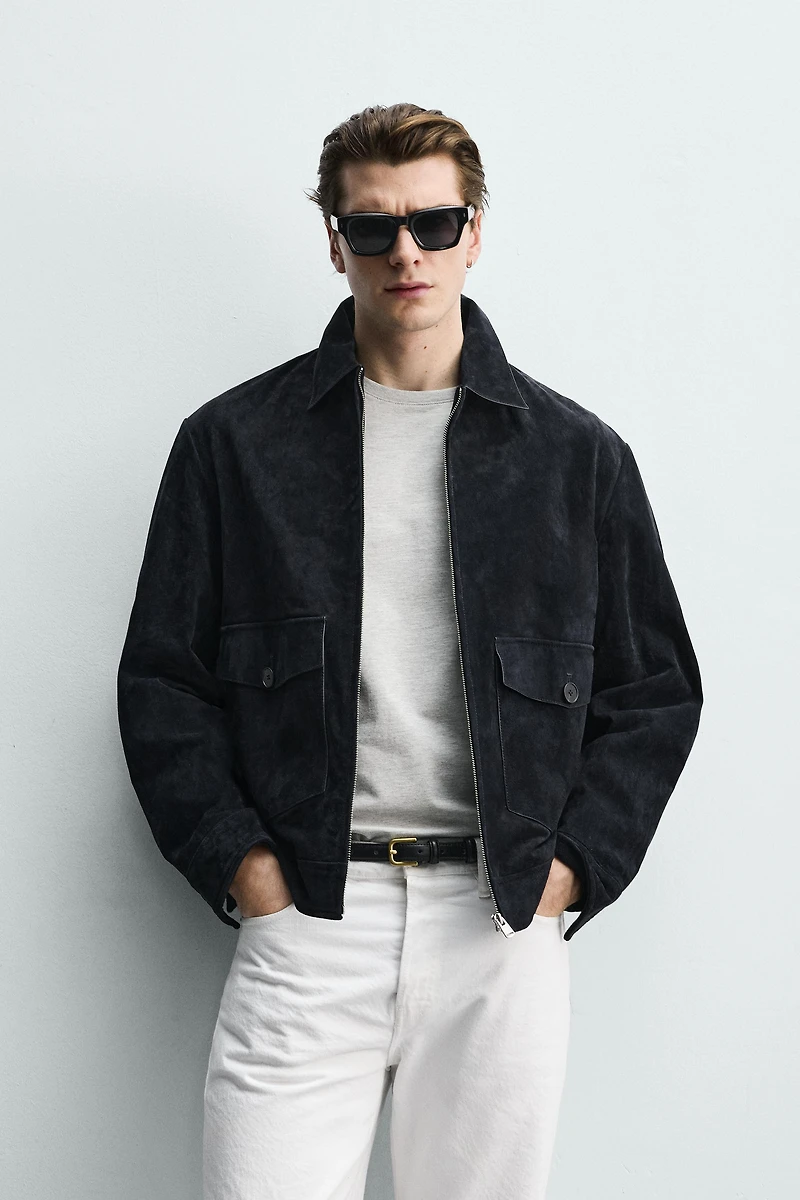 BLOUSON EN CUIR DAIM REGULAR FIT