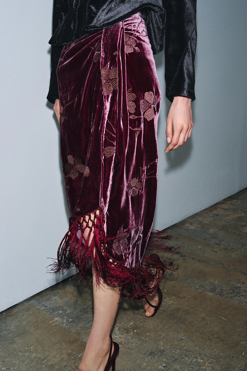 VELVET WRAP SKIRT WITH FLORAL EMBROIDERY
