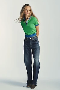 CONTRAST KNIT SHORT SLEEVE POLO TOP