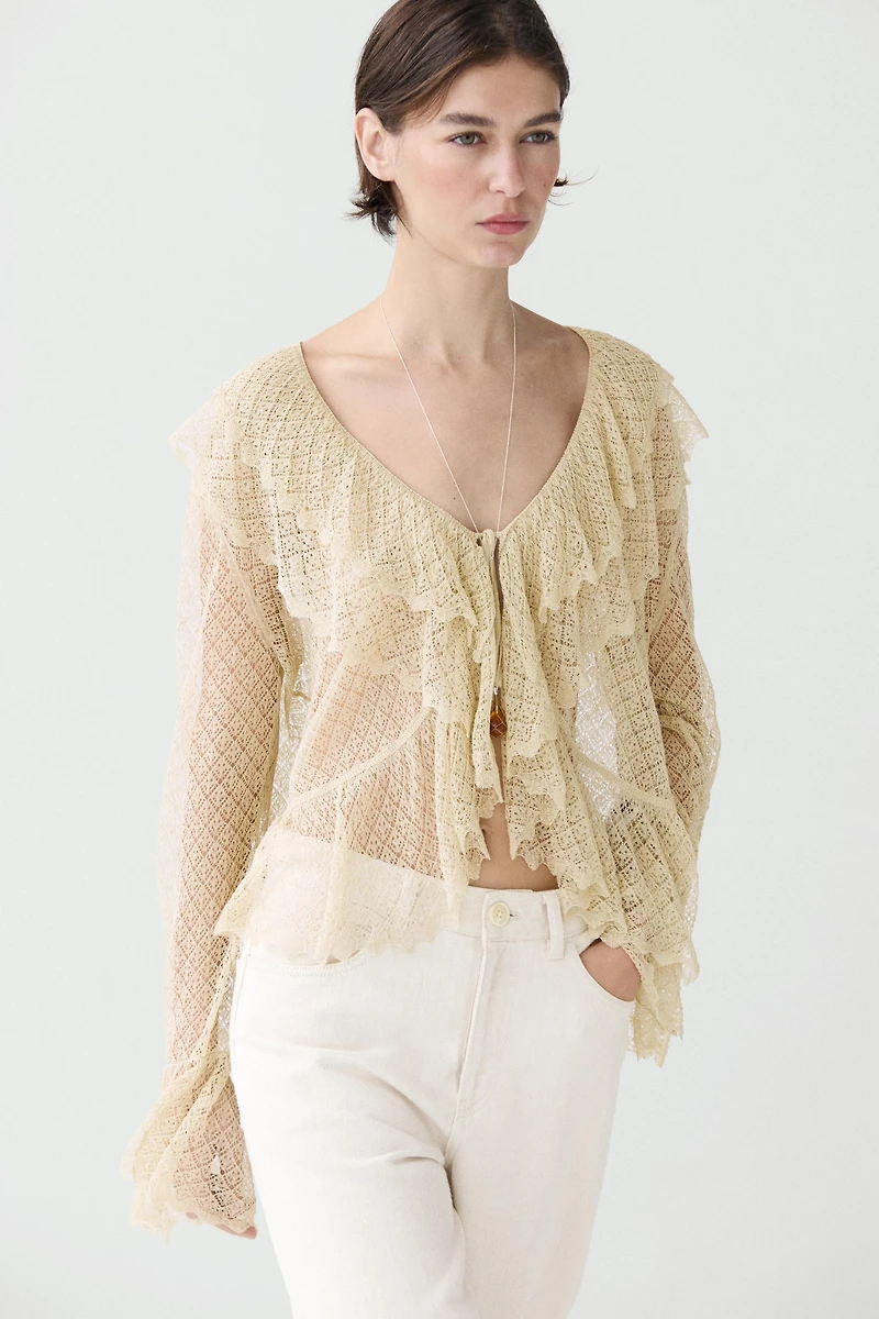 Linen blend cardigan with ruffle details