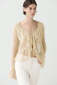 Linen blend cardigan with ruffle details