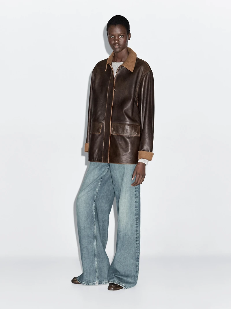 Nappa leather parka with corduroy detail