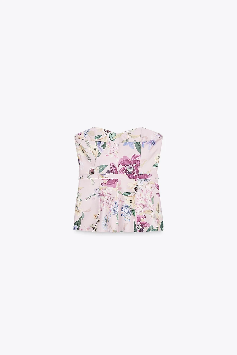 FLORAL PRINT BELTED BUSTIER TOP