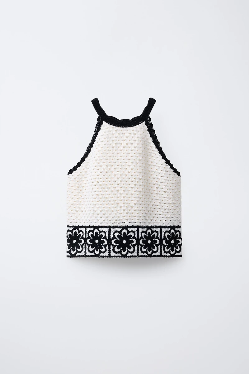 FLORAL HALTER NECK CROCHET KNIT TOP