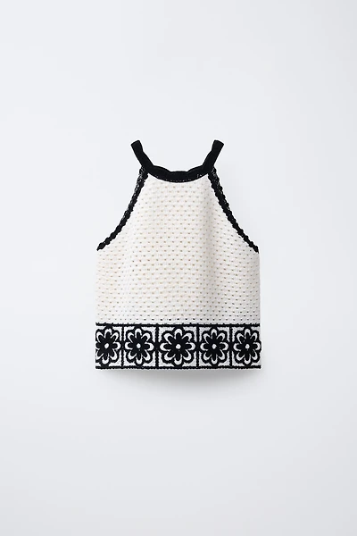 FLORAL HALTER NECK CROCHET KNIT TOP