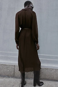 PLEATED BELTED MIDI DRESS