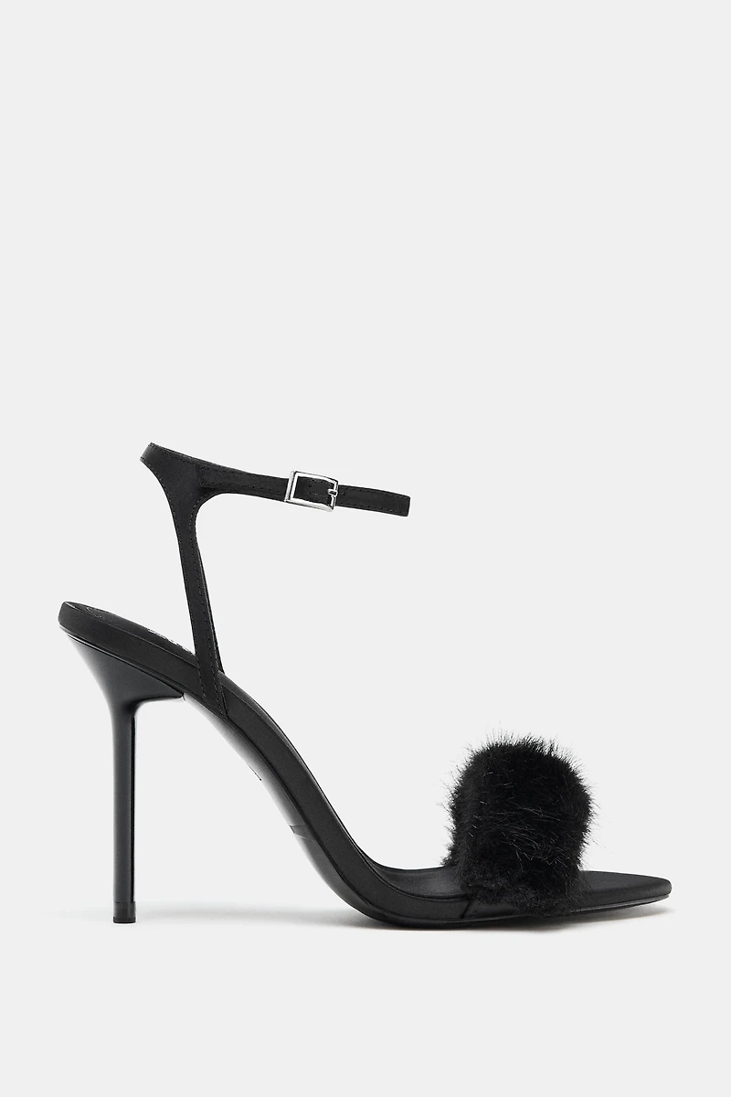 FAUX FUR STRAP HEELED SANDALS