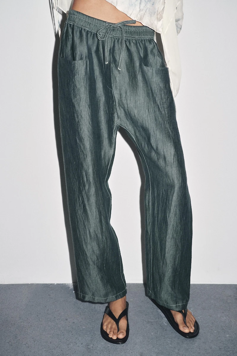 LINEN PANTS WITH CONTRAST STITCHING