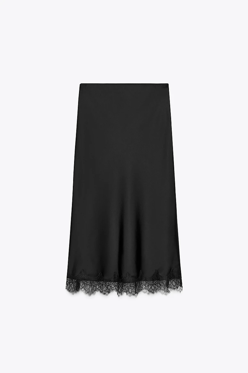 SATIN EFFECT LACE MIDI SKIRT