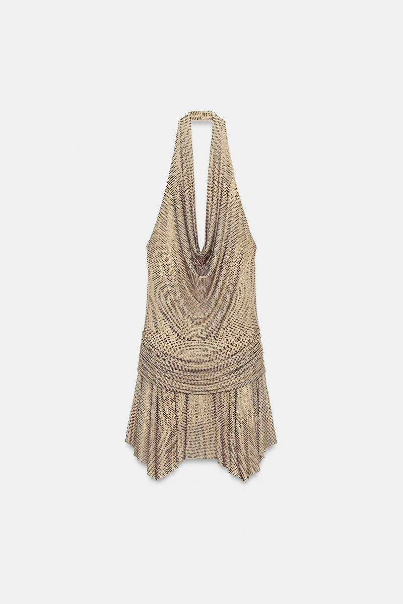 SPARKLY DRAPED HALTER MINI DRESS