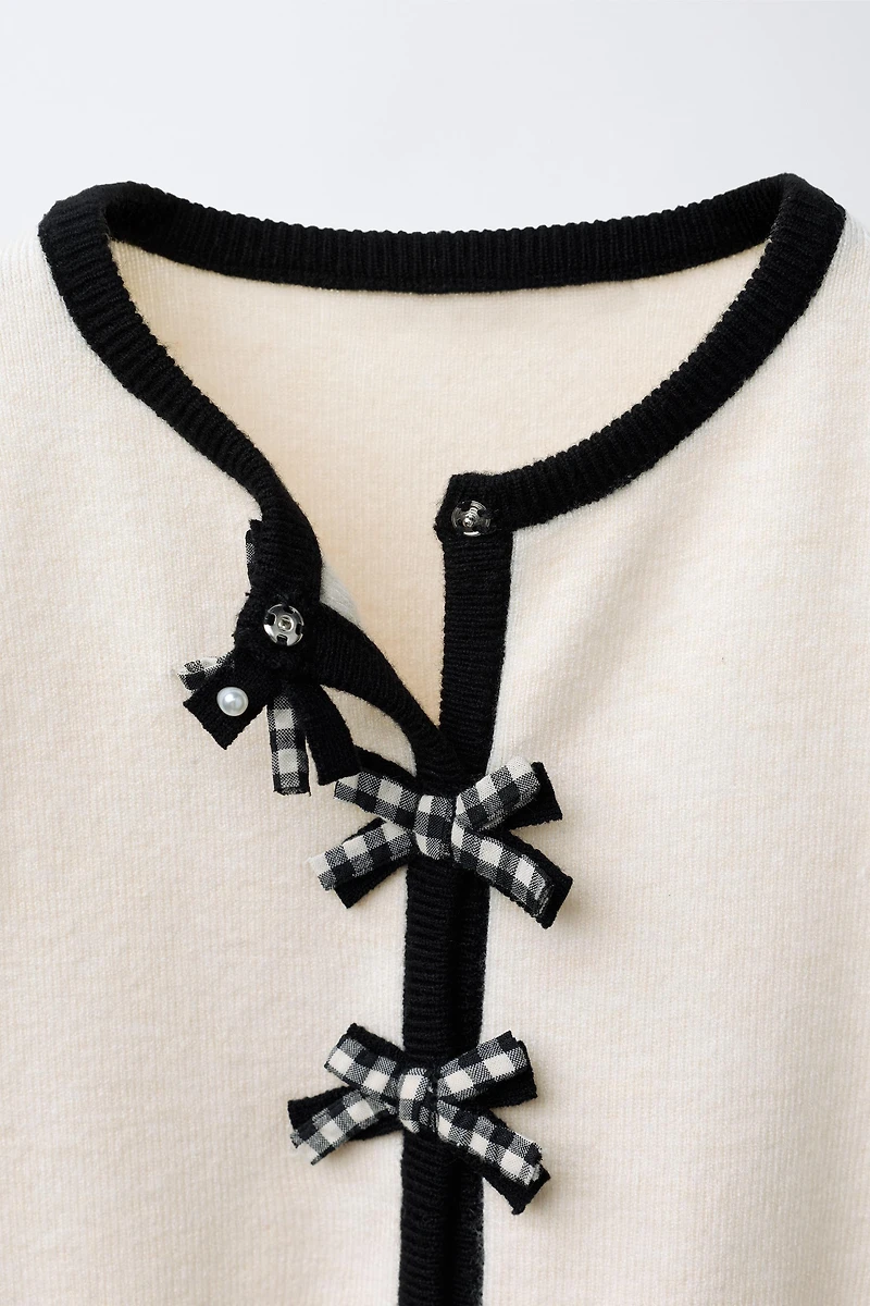 GINGHAM BOW KNIT CARDIGAN