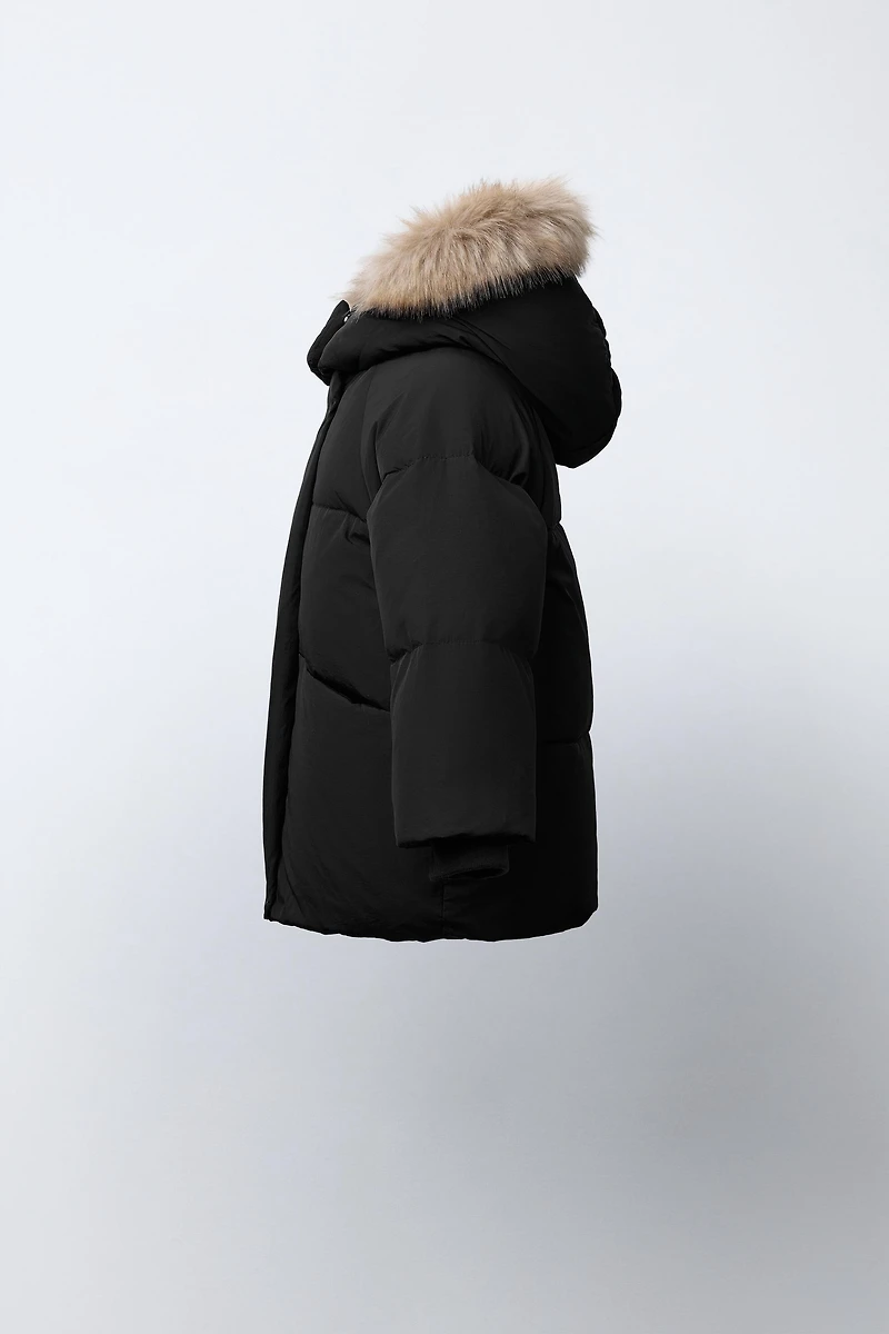 WATER REPELLENT DOWN PUFFER COAT WITH REMOVABLE FAUX FUR HOODIE