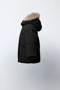 WATER REPELLENT DOWN PUFFER COAT WITH REMOVABLE FAUX FUR HOODIE