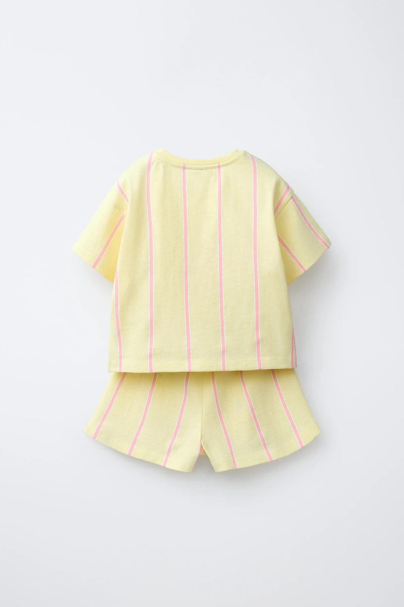 EMBROIDERED FRUIT STRIPED T-SHIRT AND BERMUDA SET